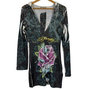 Ed Hardy Shark Rose Tattoo Graphic Tunic Hoodie Medium Vtg Y2K Long Sleeve USA